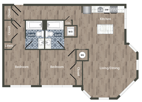 Floor plan for 2 beds, 2 baths, 1034 sqft